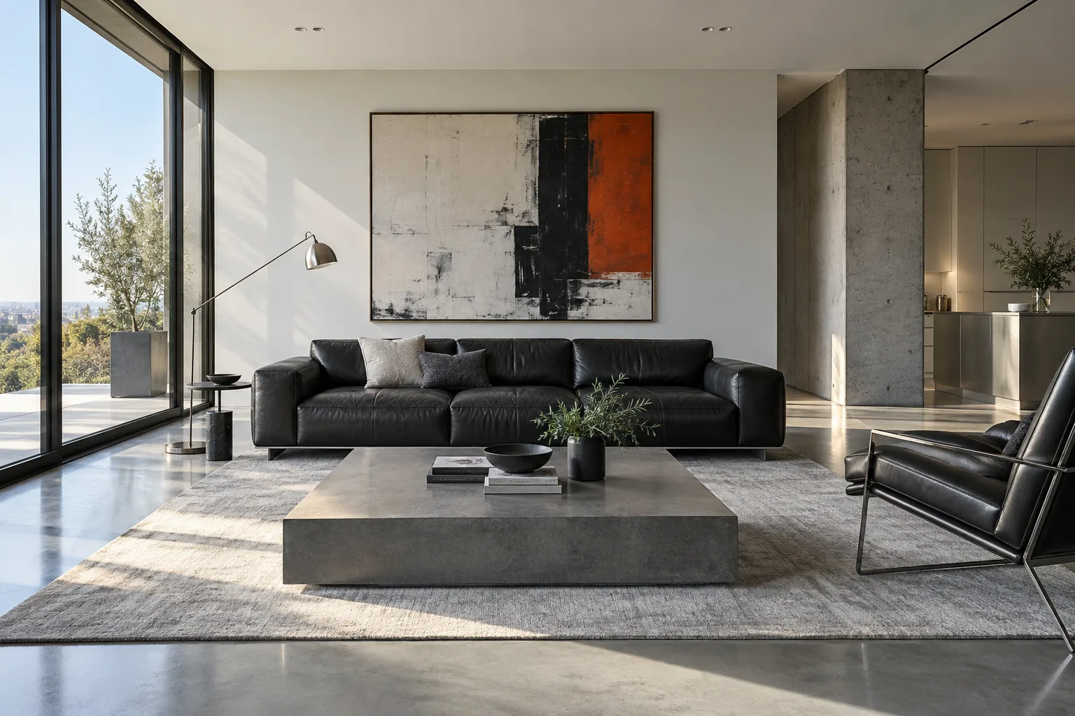 Archmazing visualization of the interior with a leather sofa, concrete coffee table and contemporary decor.