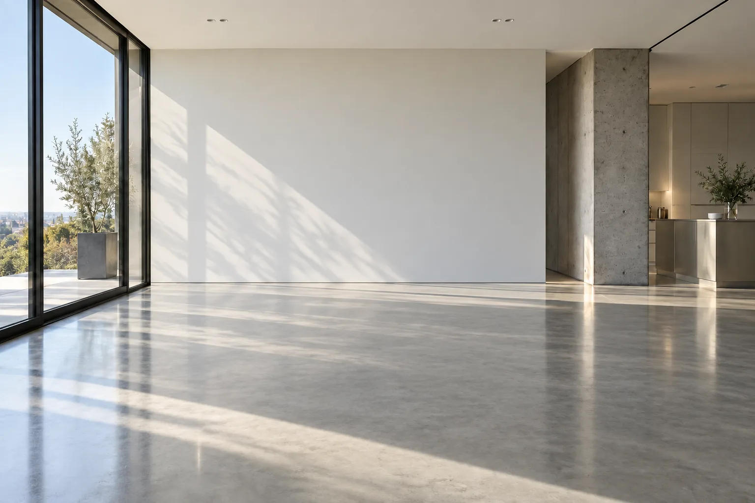 Original empty interior with a window on the left and a concrete column on the right.