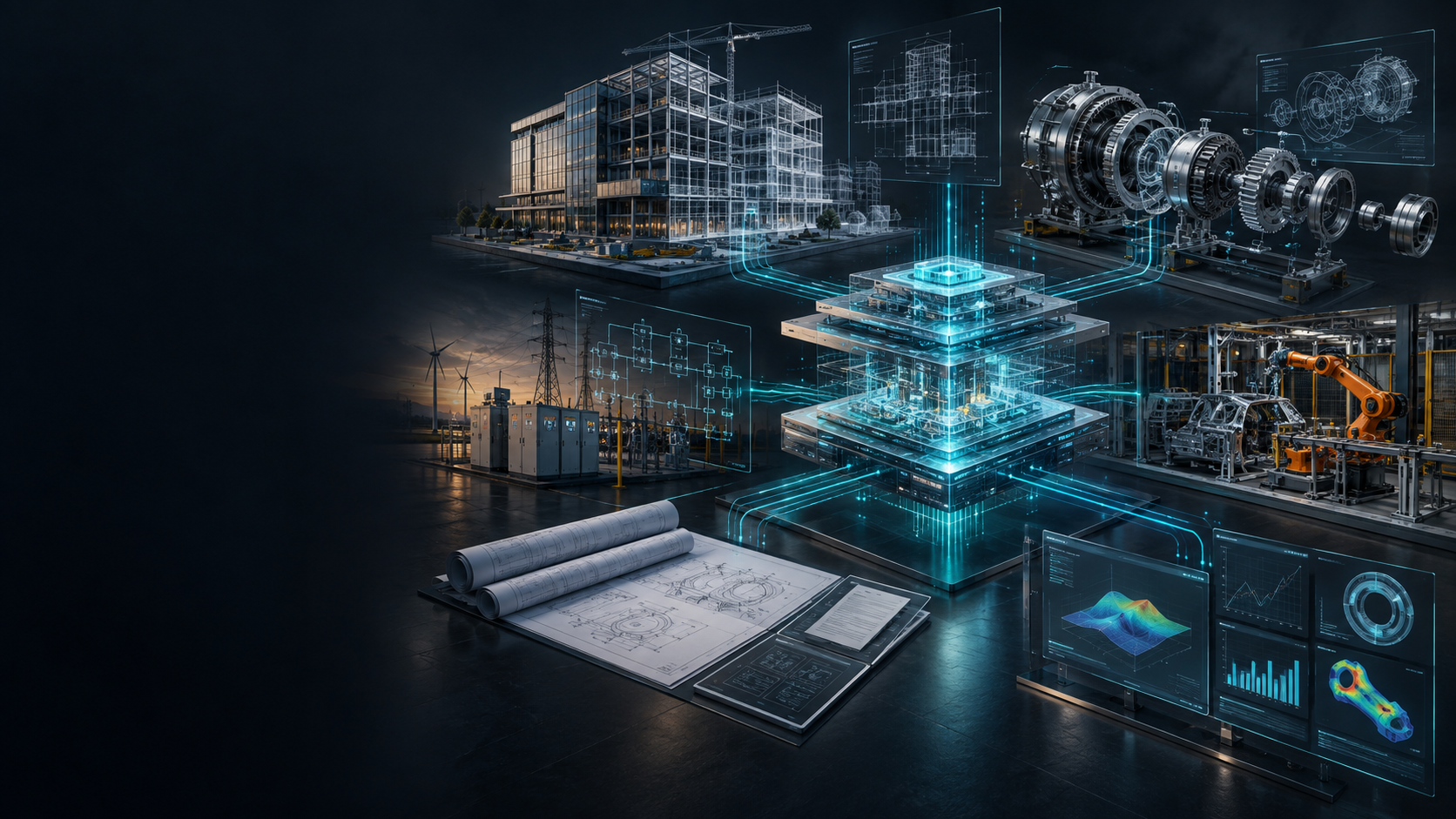Architectural models, mechanical assemblies, electrical systems, manufacturing and technical documents connected through an intelligent engineering core.