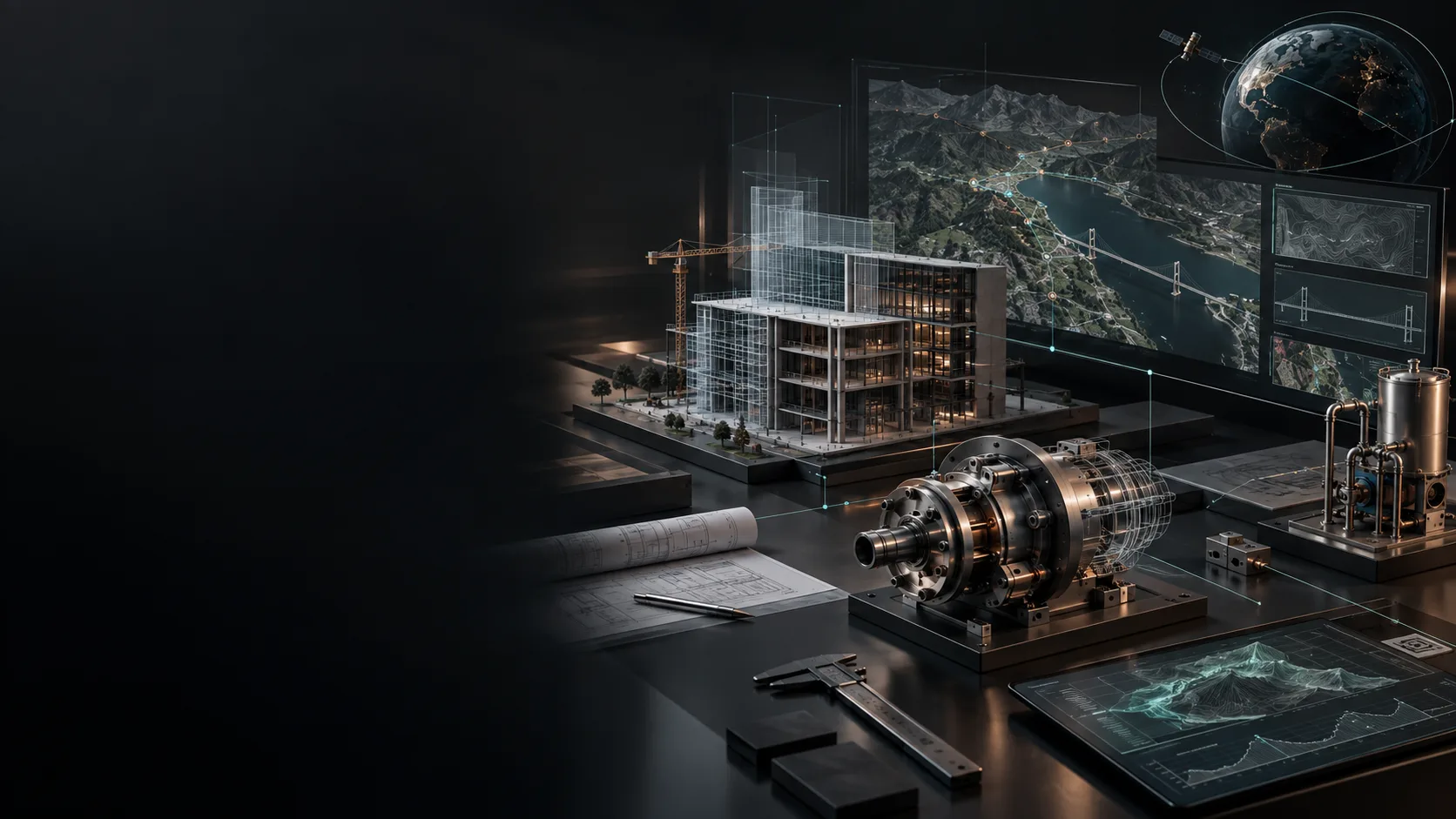 Modelos de engenharia, dados geoespaciais e conectividade por satélite.