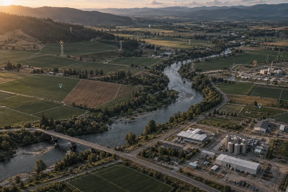 Terreno, estradas e ativos industriais vistos do alto com camadas de mapeamento espacial.