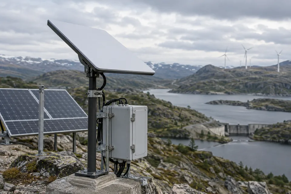 Terminal de comunicação por satélite e equipamentos de telemetria em uma instalação remota.