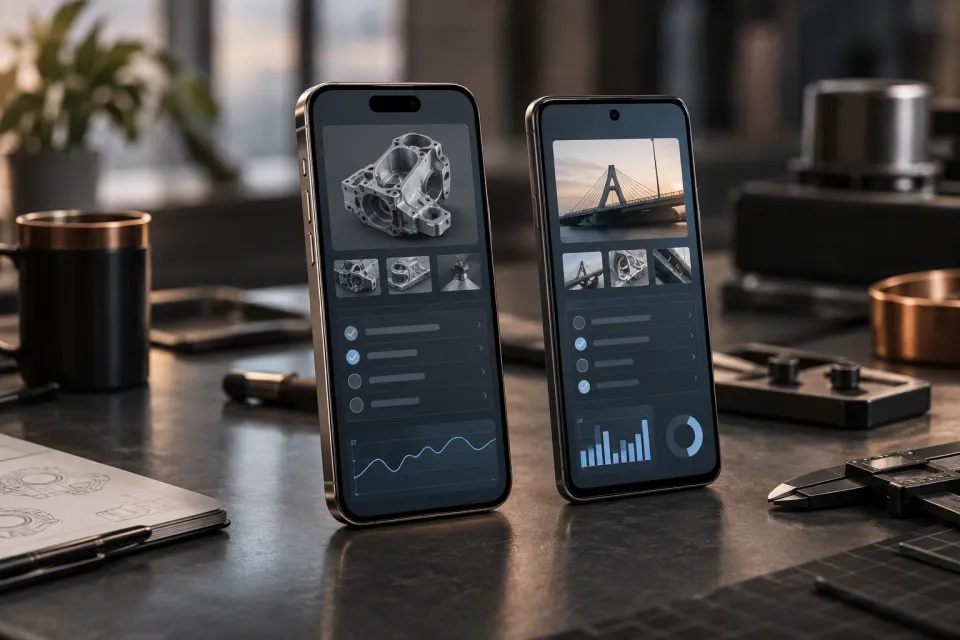 Dois smartphones exibindo aplicações de engenharia.