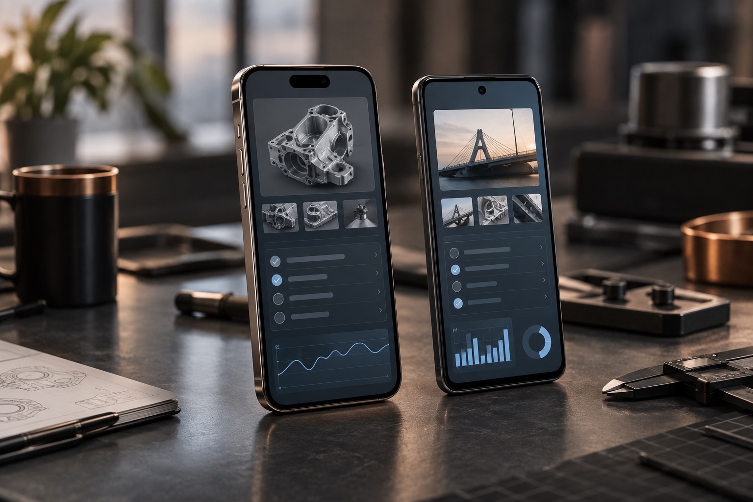 Two smartphones displaying engineering applications.