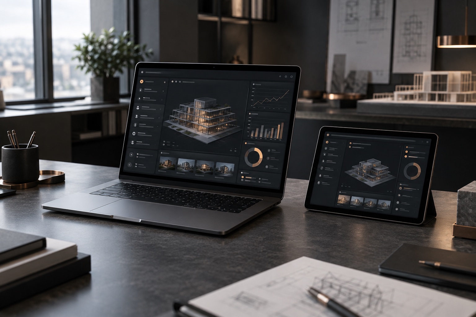 Laptop and tablet displaying an engineering web dashboard.
